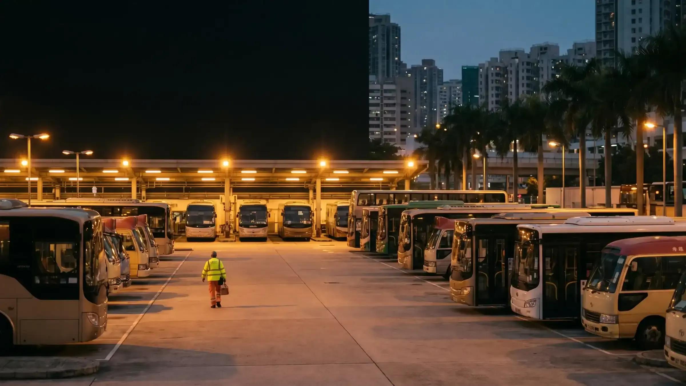 Depot at night with a yellow accent light